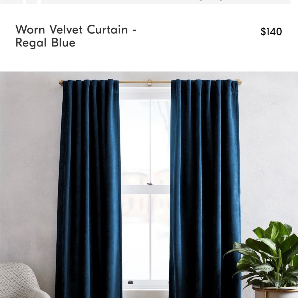 West Elm One (1) Worn Velvet Curtain 48x84 Regal Blue Unlined